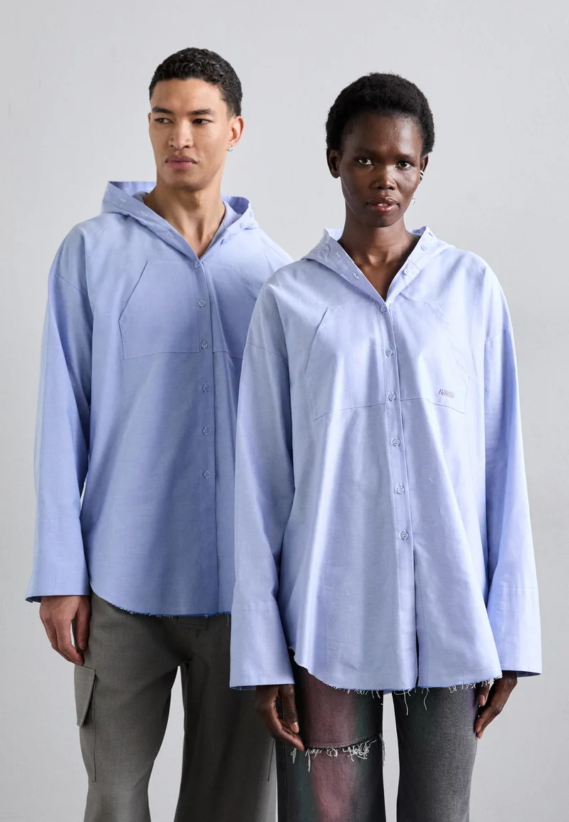 Newest AVAVAV HOODED BUTTON UP UNISEX - Button-down blouse blue Clothing Sale Shirts Business Shirts