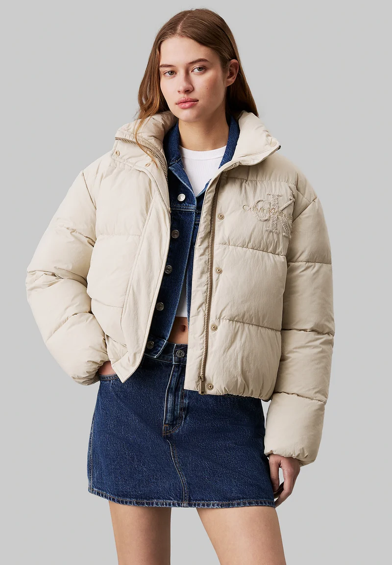 Big discount on sale Calvin Klein Jeans MONOLOGO PUFFER - Bomber Jacket pelican Clothing Jackets & Blazers Bomber Jackets