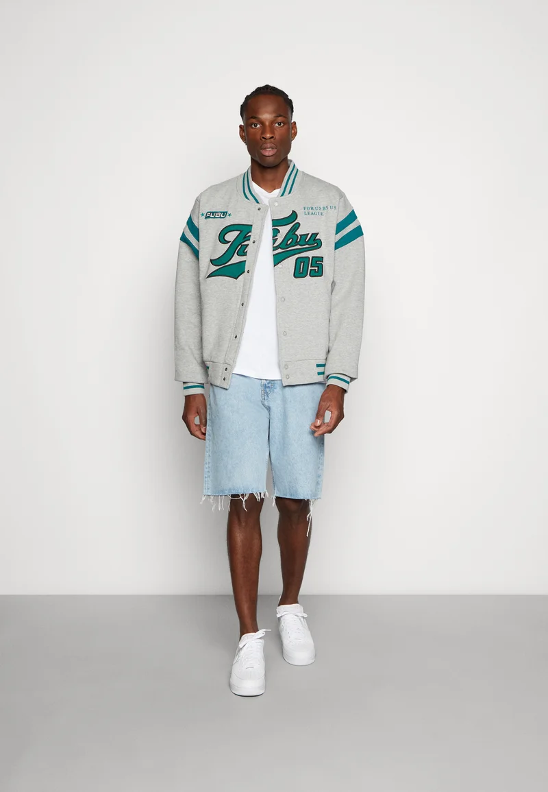 Authentic FUBU VARSITY COLLEGE JACKET UNISEX - Bomber Jacket heather grey/green Streetwear Clothing Jackets, Gilets & Blazers Bomber Jackets