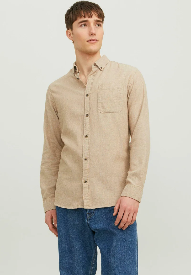 SAVE OFF Jack & Jones JJECLASSIC MELANGE LS SN - Shirt oatmeal Clothing Shirts Casual Shirts