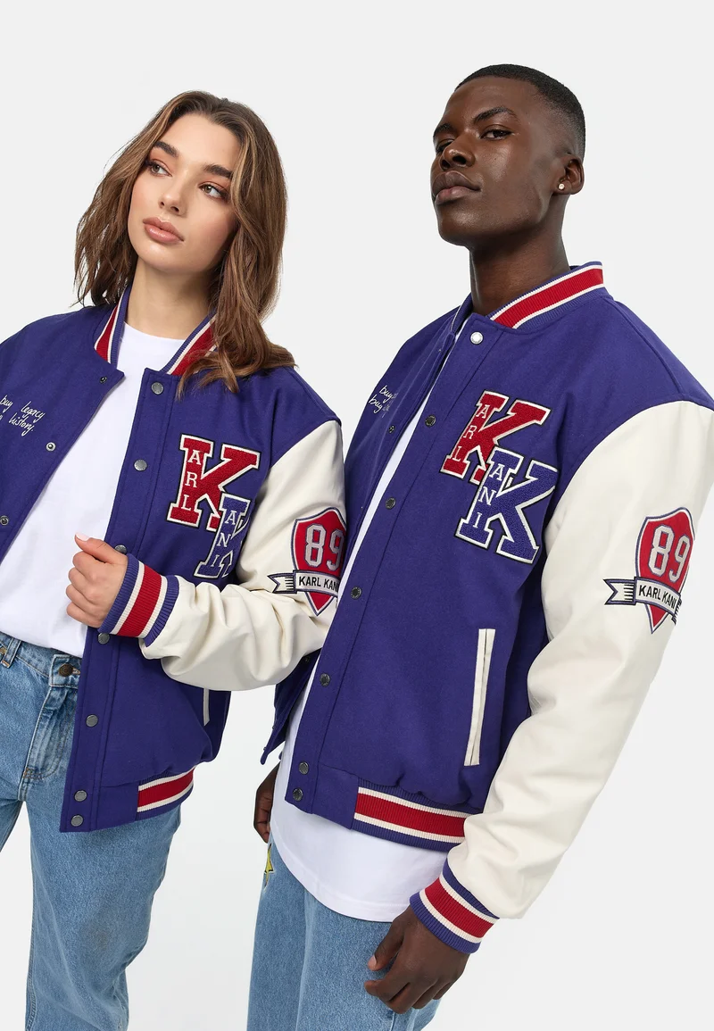 Clearance Karl Kani RETRO PATCH BLOCK COLLEGE JACKET UNISEX - Bomber Jacket navy/off white Clothing Jackets & Blazers Bomber Jackets