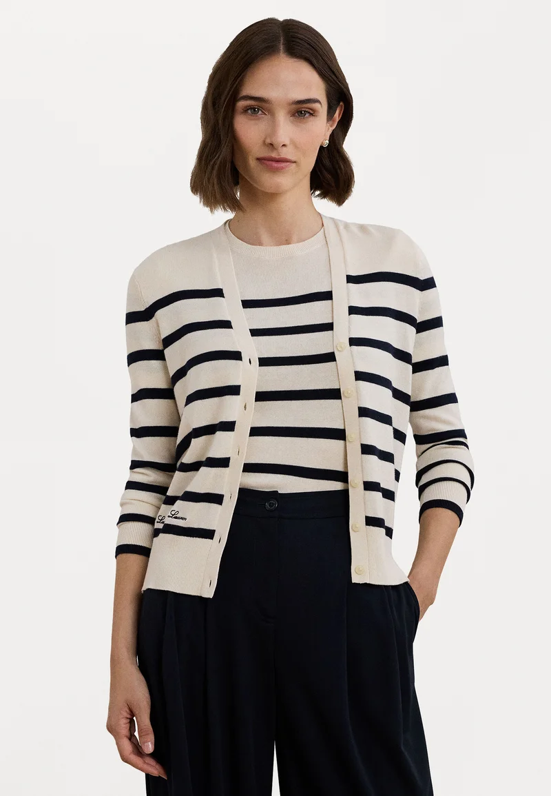 Free Shipping Lauren Ralph Lauren STRIPED COTTON BLEND CARDIGAN - Cardigan mascarpone cream/navy Clothing Knitwear & Cardigans Cardigans
