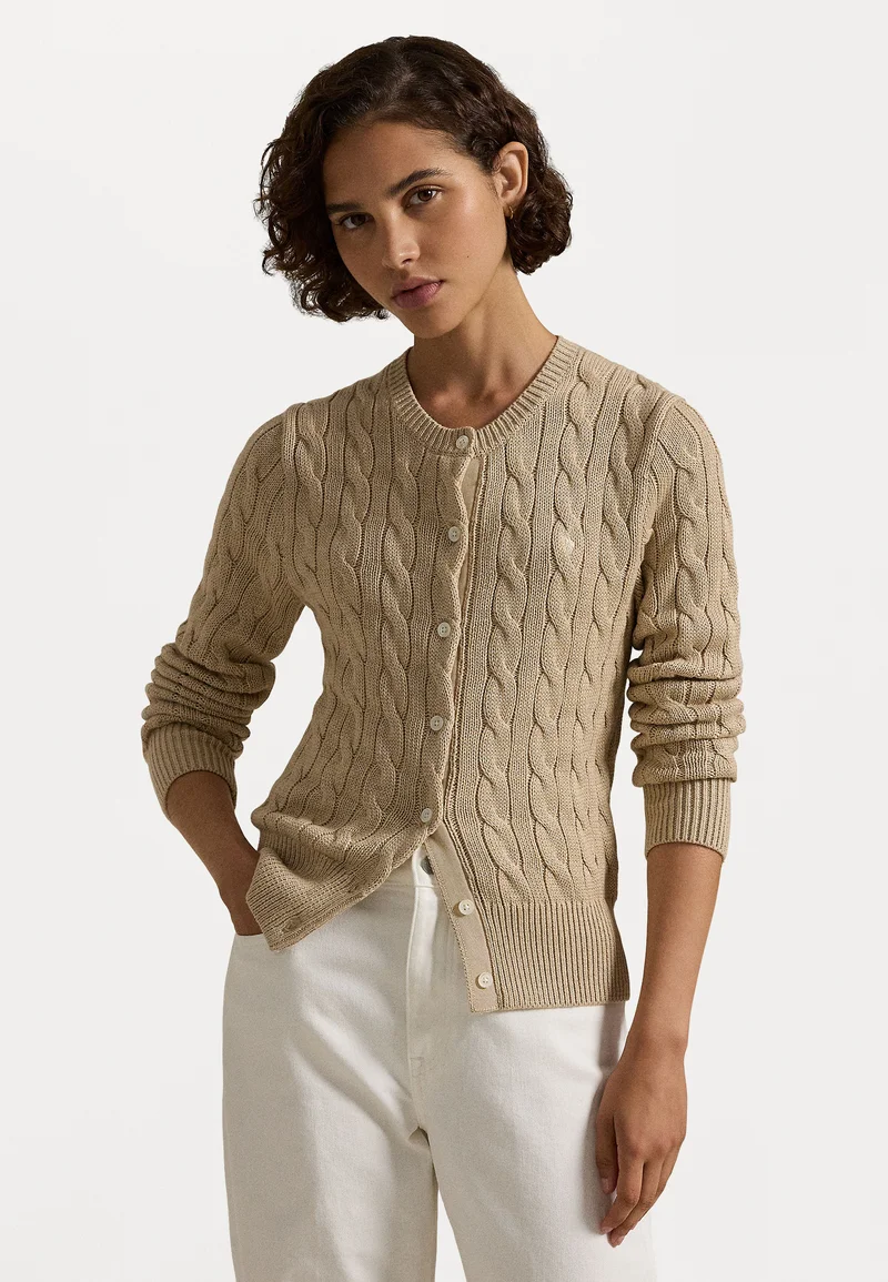 Online Here Polo Ralph Lauren CABLE KNIT COTTON CREWNECK CARDIGAN - Cardigan light saddle heather Clothing Knitwear & Cardigans Cardigans