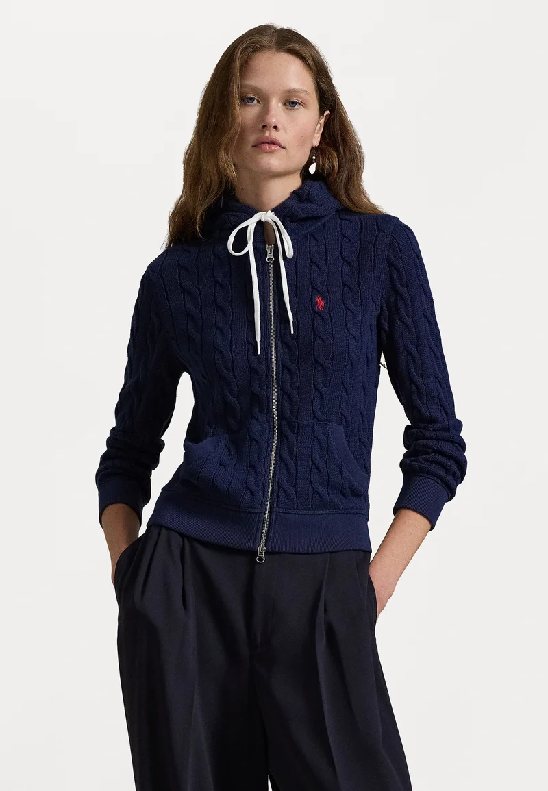 luxury fashion brands Polo Ralph Lauren CABLE KNIT COTTON FULL ZIP HOODIE - Cardigan newport navy Clothing Knitwear & Cardigans Cardigans
