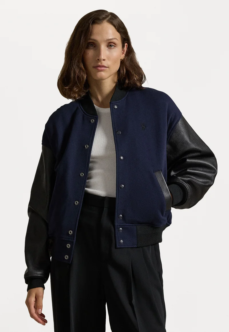 authentic quality Polo Ralph Lauren FLEECE LEATHER BOMBER JACKET - Zip-up sweatshirt ink/black Clothing Jackets & Blazers Bomber Jackets