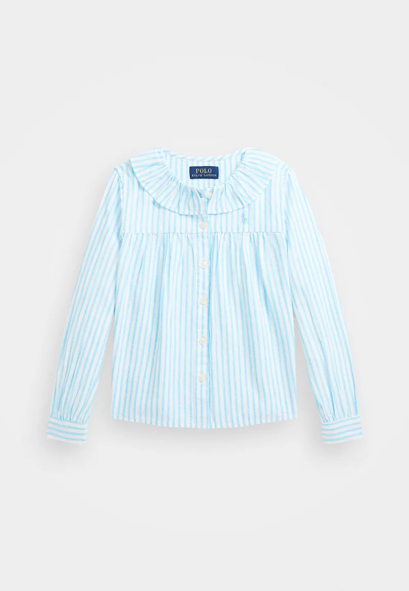 Store Polo Ralph Lauren STRIPED RUFFLED LINEN COTTON SHIRT - Button-down blouse turquoise nova/white Clothing T-shirts & tops Blouses & tunics