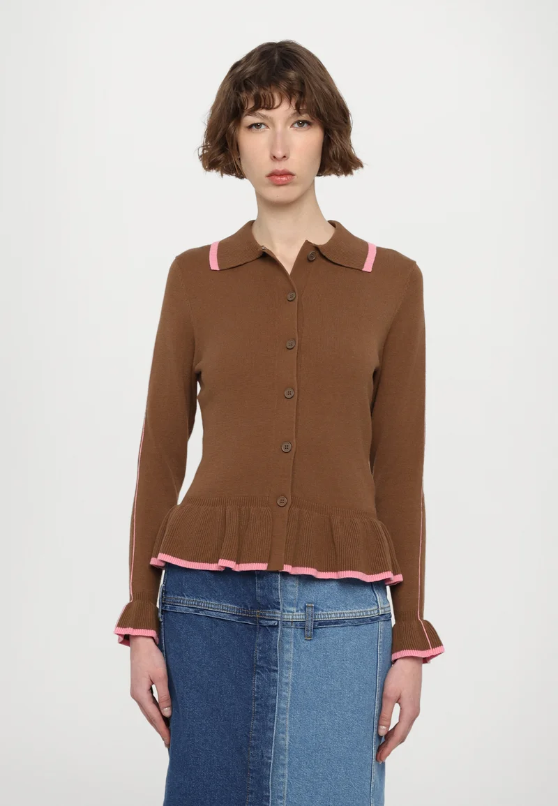 USA Discount Online Sale Stine Goya LINEAR RUFFLE CARDIGAN LIGHT RIB - Cardigan partridge brown Clothing Knitwear & Cardigans Cardigans