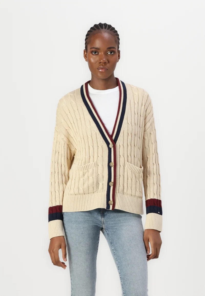 Huge Discount Tommy Hilfiger VARSITY CABLE CARDI V-NECK - Cardigan country ivory Clothing Knitwear & Cardigans Cardigans