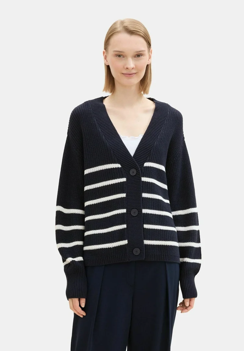 Authorized Site TOM TAILOR DENIM Cardigan - placed navy white stripe Clothing Knitwear & Cardigans Cardigans