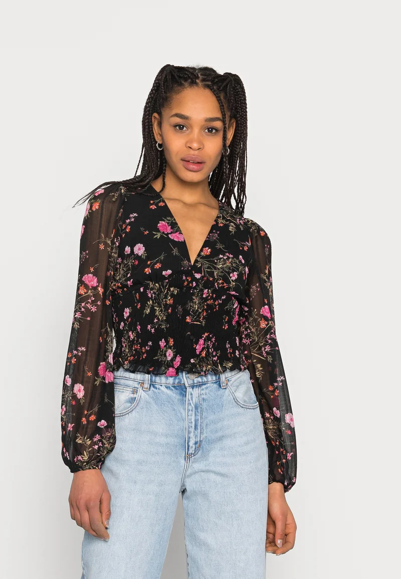 utterly stylish Vero Moda VMROSA V NECK SMOCK - Long sleeved top black/pink Clothing Shirts & Blouses Blouses